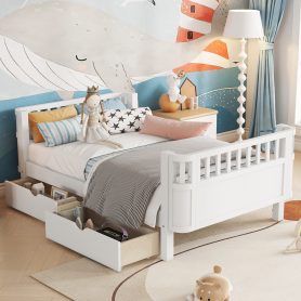 Wood Low Profile Twin Bed with Rails and Drawers
