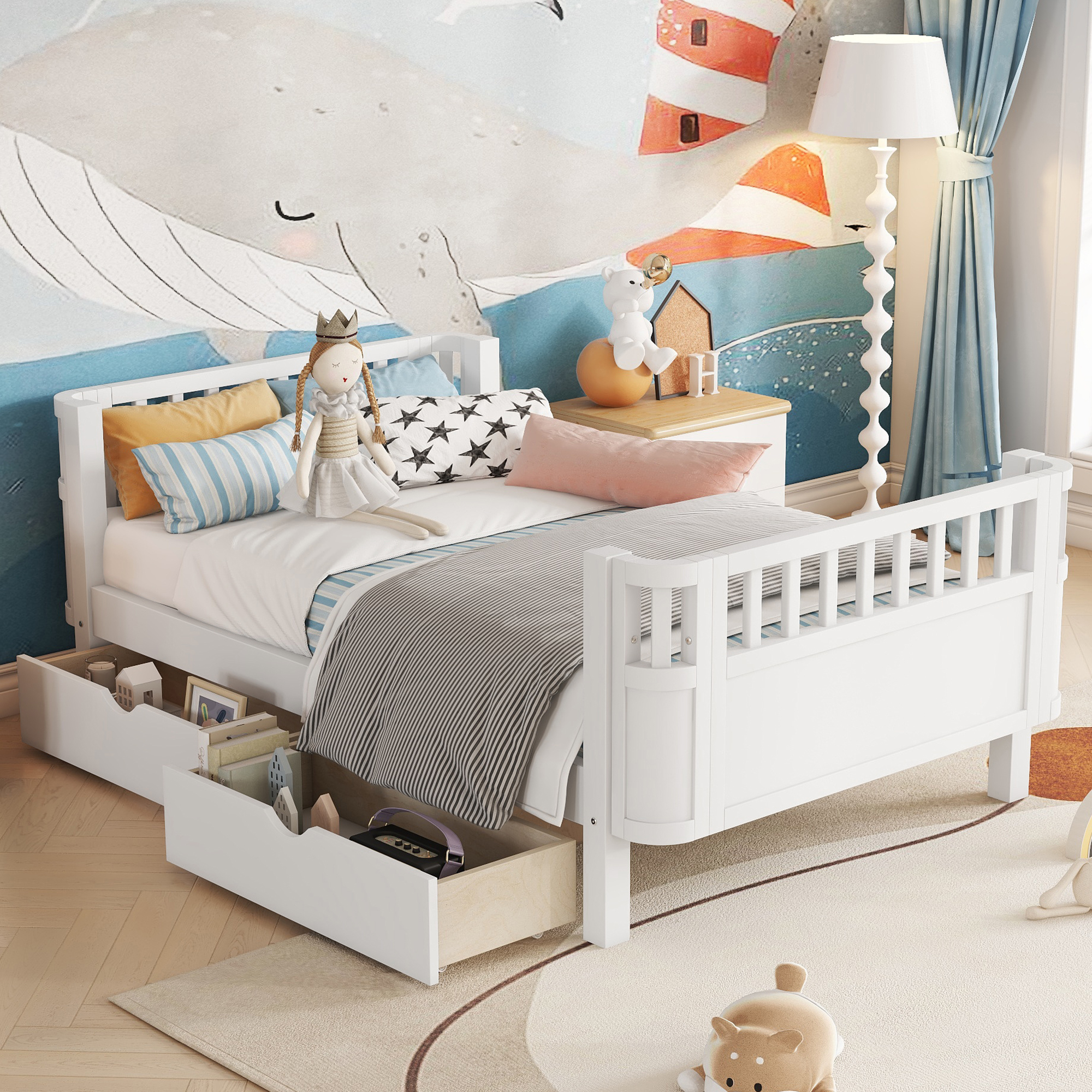 Wood Low Profile Twin Bed with Rails and Drawers