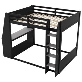 Full Size Wooden Gaming Bunk Bed with Desk,Two Storage Shelves,USB and LED Light