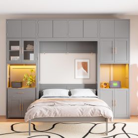 Full Size Murphy Bed With Storage Cabinets, Desk And Glass-door Hutch, USB & Power Outlet, LED Lighted Shelves