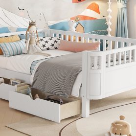 Wood Low Profile Twin Bed with Rails and Drawers