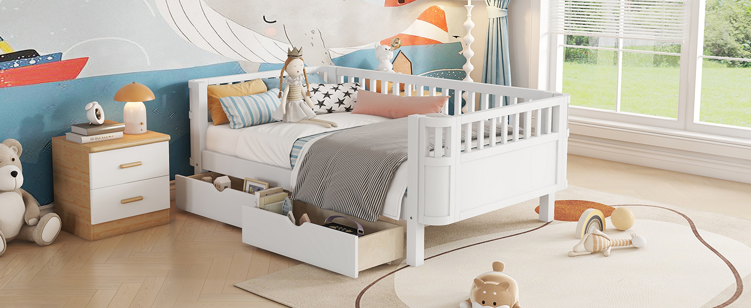 Wood Low Profile Twin Bed with Rails and Drawers
