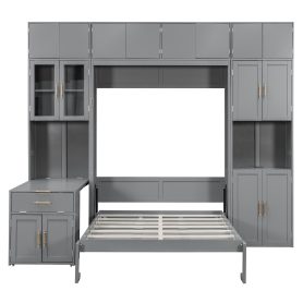 Full Size Murphy Bed With Storage Cabinets, Desk And Glass-door Hutch, USB & Power Outlet, LED Lighted Shelves