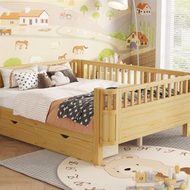 Wood Low Profile Full Bed with Rails and Drawers