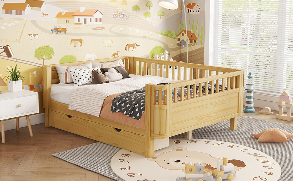 Wood Low Profile Full Bed with Rails and Drawers