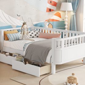 Wood Low Profile Twin Bed with Rails and Drawers