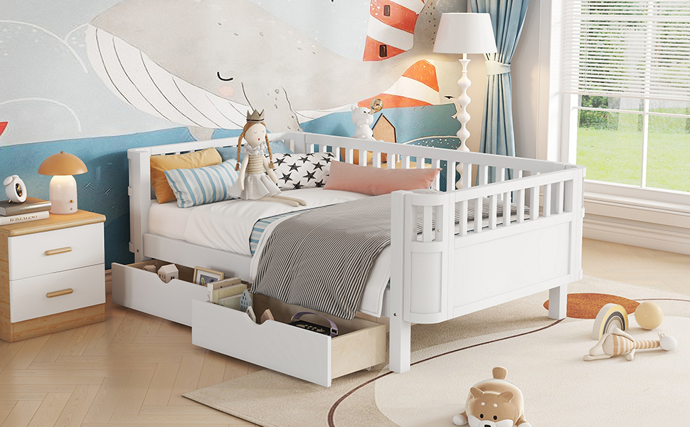 Wood Low Profile Twin Bed with Rails and Drawers