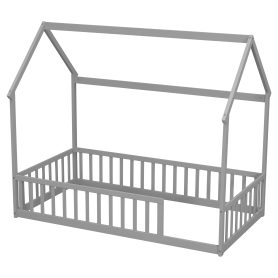 Twin Size House Floor Bed With Roof Frame and Safety Guardrails