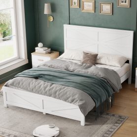 Farmhouse Style Queen Size Bed with Barn Door Designed Headboard and Footboard