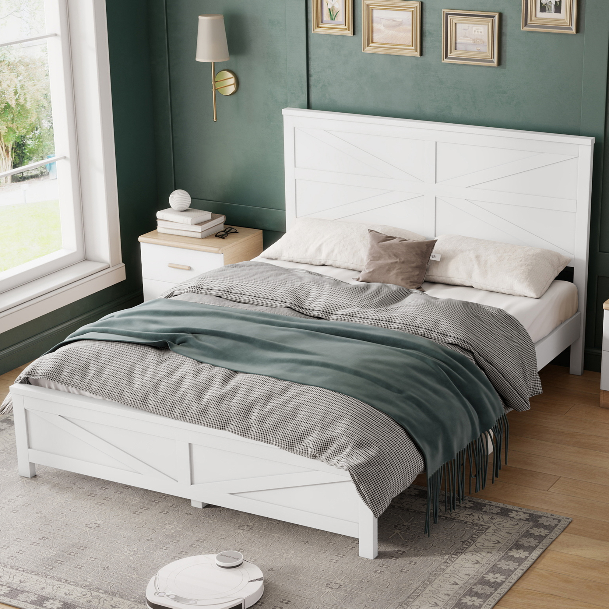 Farmhouse Style Queen Size Bed with Barn Door Designed Headboard and Footboard
