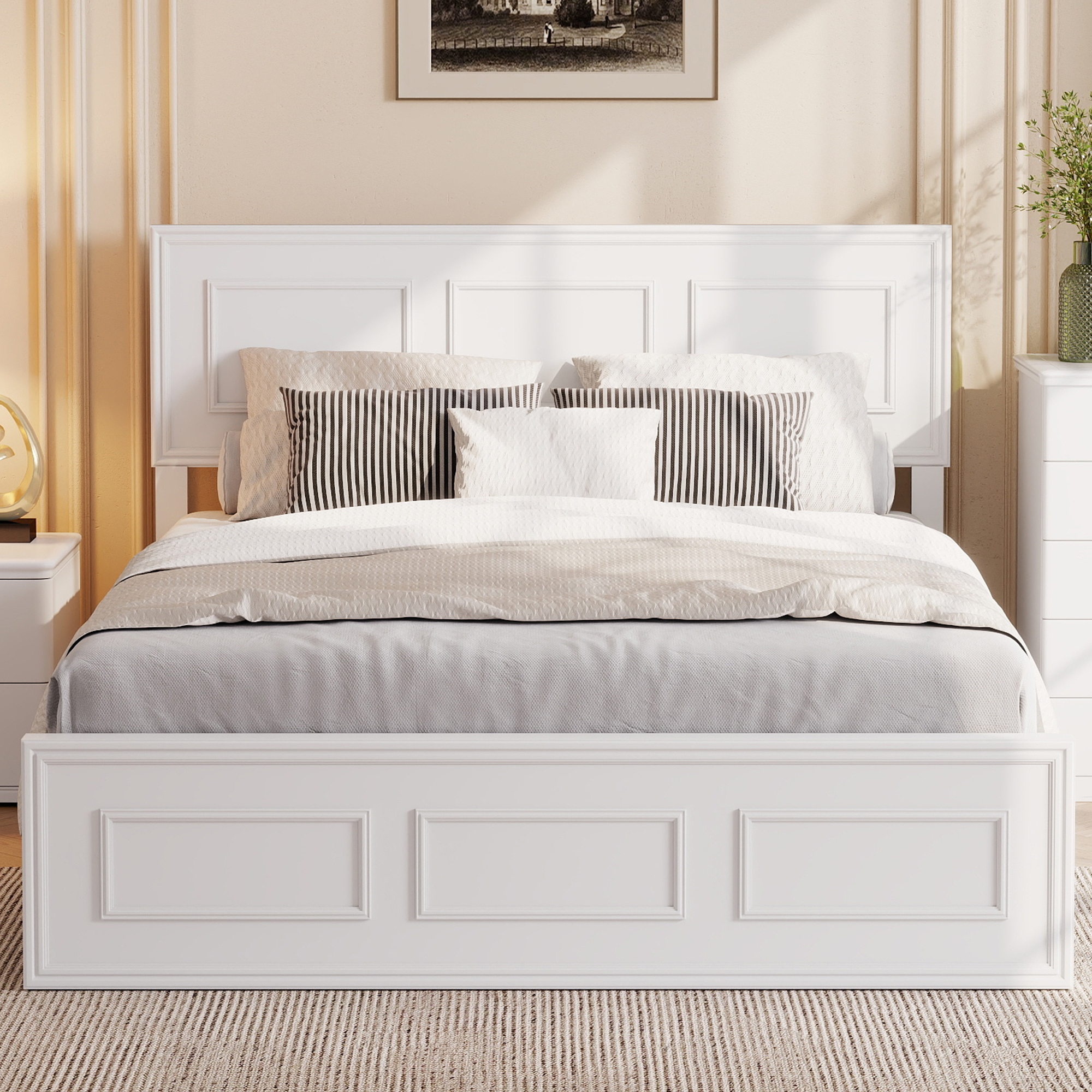 Pine Wood Full Size Bed with Adjustable Height Headboard