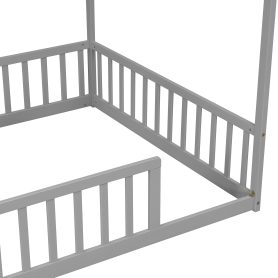 Full Size House Floor Bed With Roof Frame and Safety Guardrails