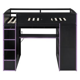 Wood Full Size Loft Bed with Desk, Multi-Storage Shelves and RGB Light