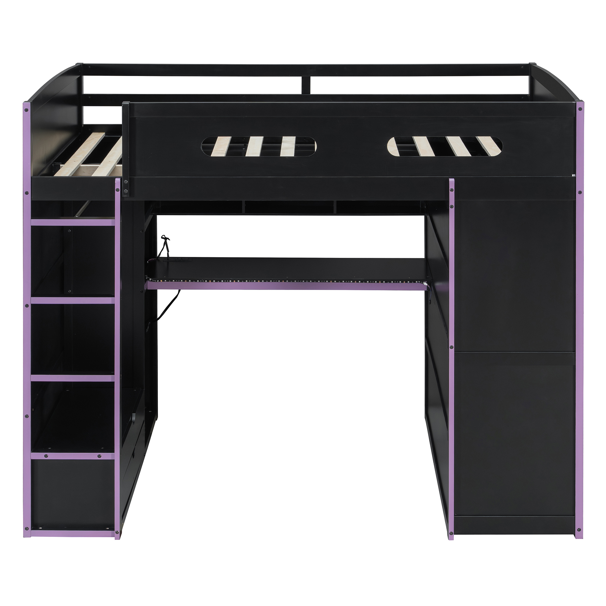 Wood Full Size Loft Bed with Desk, Multi-Storage Shelves and RGB Light