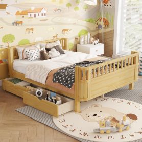 Wood Low Profile Full Bed with Rails and Drawers
