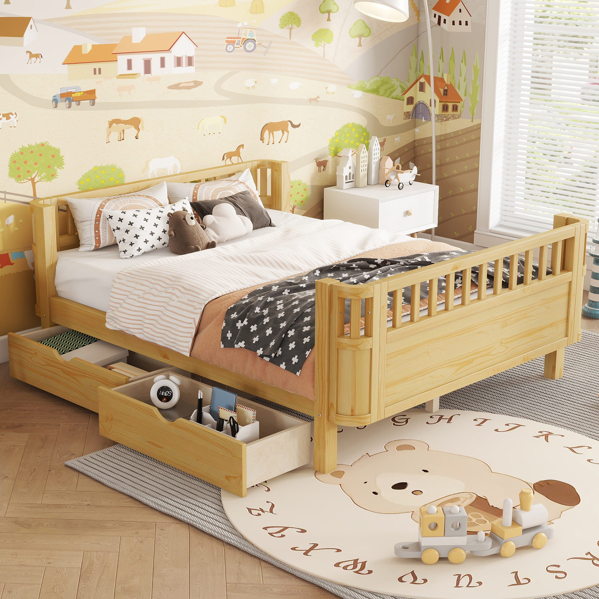 Wood Low Profile Full Bed with Rails and Drawers