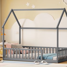 Twin Size House Floor Bed With Roof Frame and Safety Guardrails