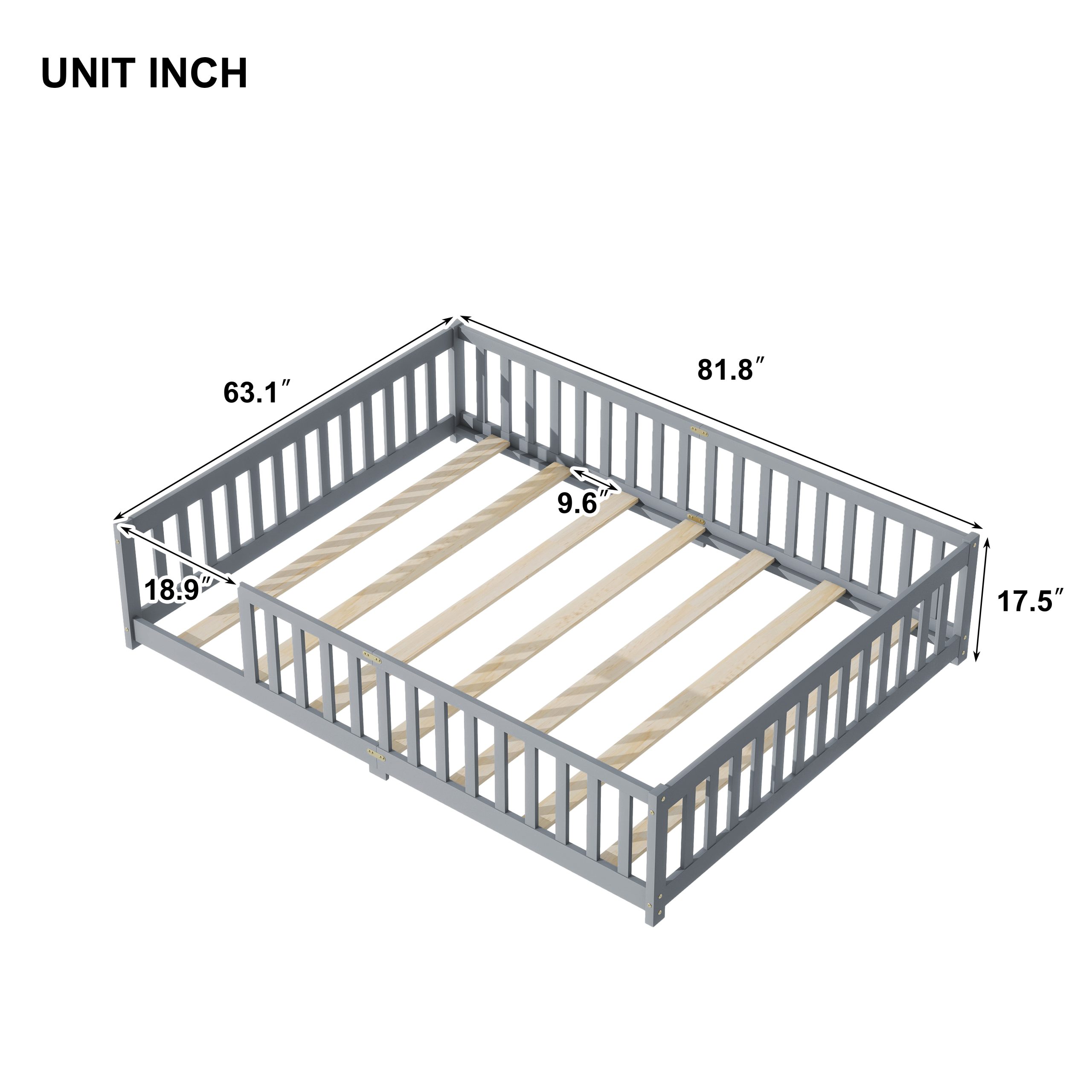 Rubber Wood Queen Size Floor Bed with Fence without Door