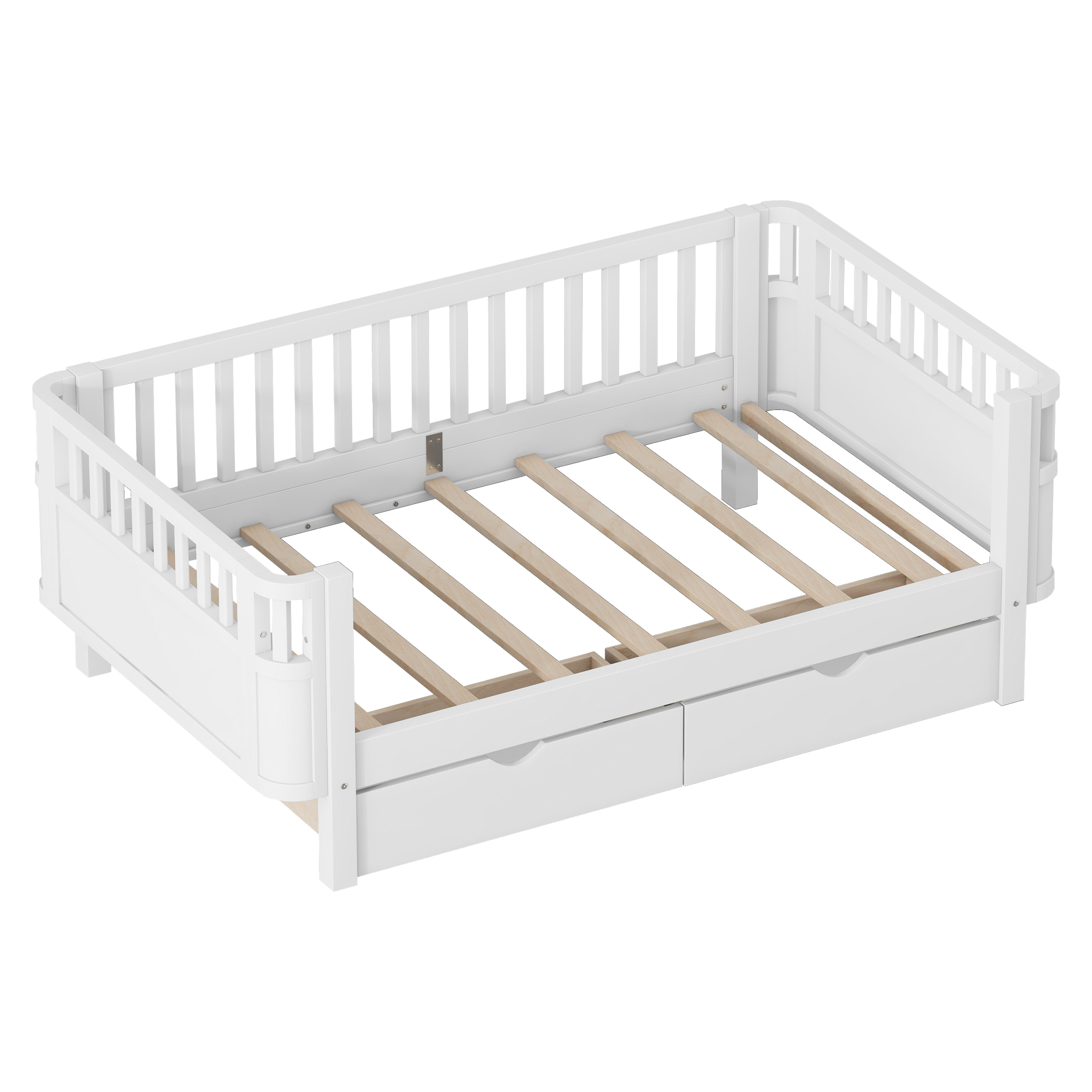 Wood Low Profile Twin Bed with Rails and Drawers