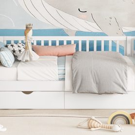 Wood Low Profile Twin Bed with Rails and Drawers