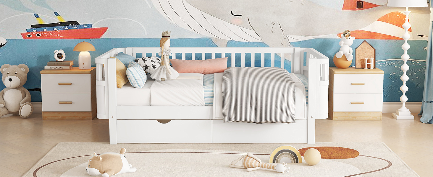 Wood Low Profile Twin Bed with Rails and Drawers
