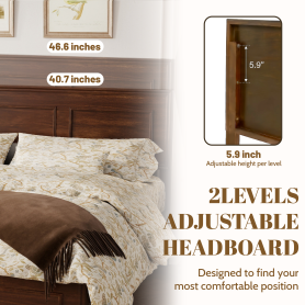 Pine Wood Queen Size Bed with Adjustable Height Headboard