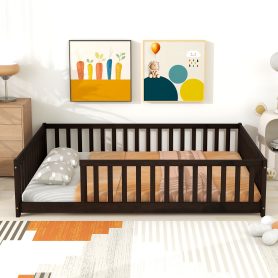 Rubber Wood Full Size Floor Bed with Fence without Door