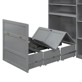 Twin Size Murphy Cabinet Bed With Wardrobe & Storage Shelves, 5-Tier LED Display Shelves, Overhead Cabinets