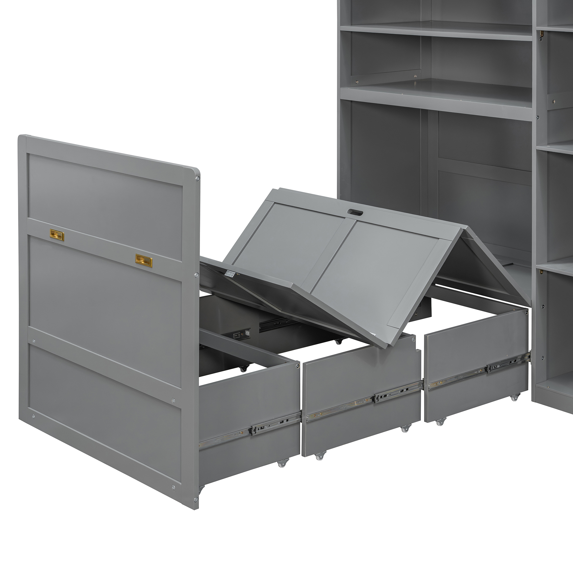 Twin Size Murphy Cabinet Bed With Wardrobe & Storage Shelves, 5-Tier LED Display Shelves, Overhead Cabinets