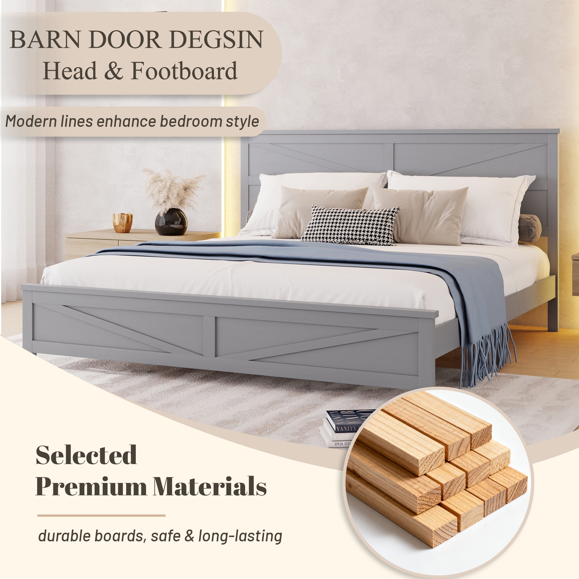 Farmhouse Style King Size Bed with Barn Door Designed Headboard and Footboard