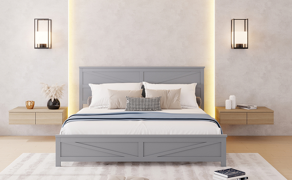 Farmhouse Style King Size Bed with Barn Door Designed Headboard and Footboard