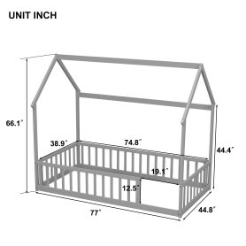 Twin Size House Floor Bed With Roof Frame and Safety Guardrails
