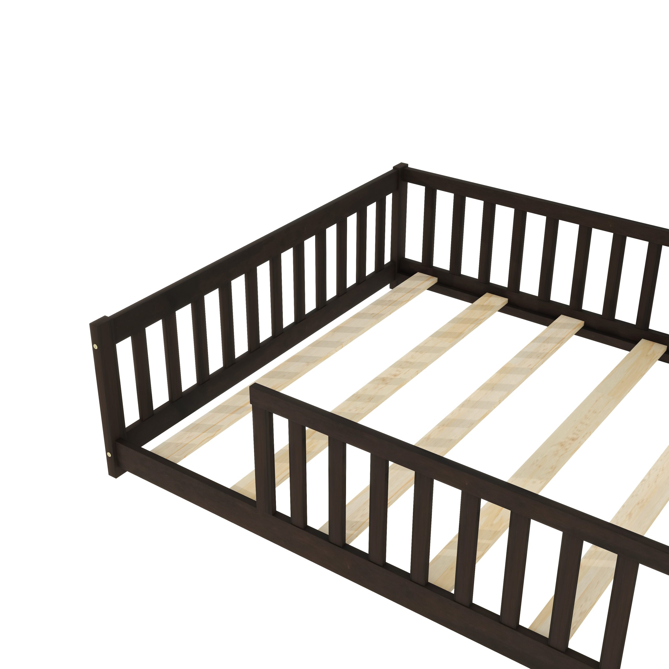 Rubber Wood Full Size Floor Bed with Fence without Door