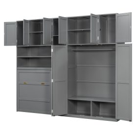 Twin Size Murphy Cabinet Bed With Wardrobe & Storage Shelves, 5-Tier LED Display Shelves, Overhead Cabinets