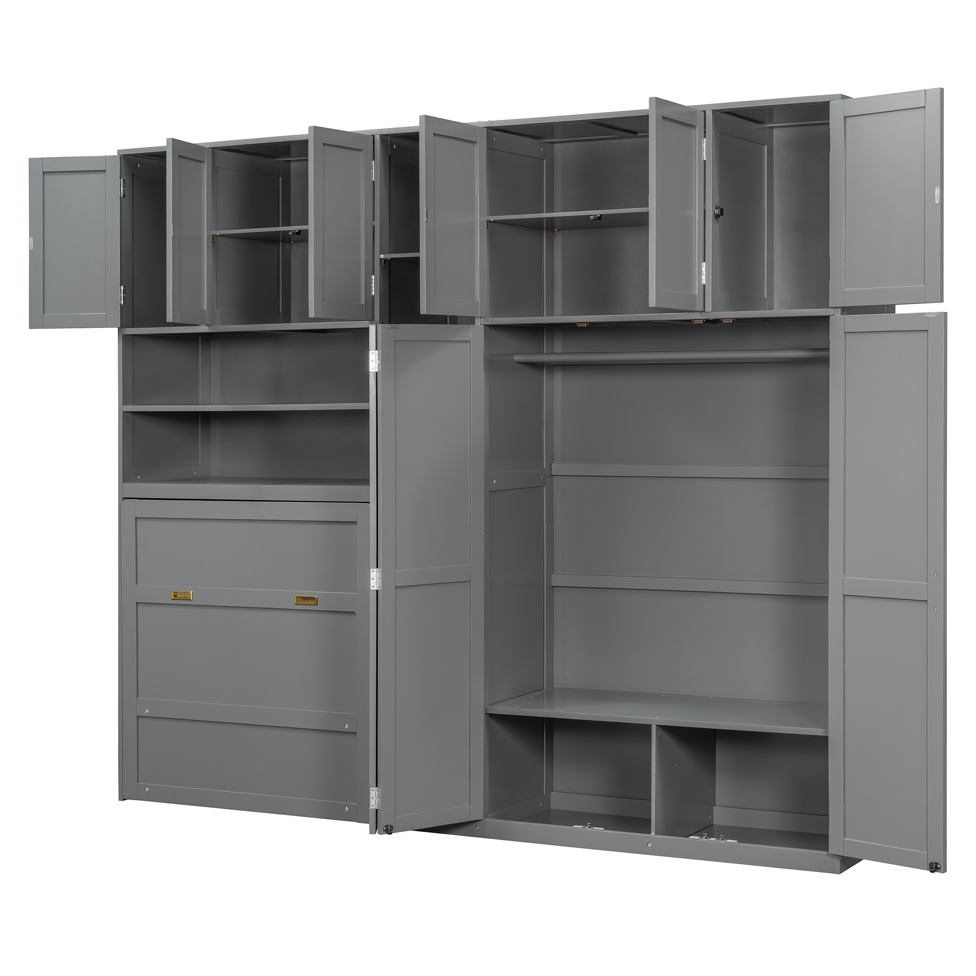 Twin Size Murphy Cabinet Bed With Wardrobe & Storage Shelves, 5-Tier LED Display Shelves, Overhead Cabinets