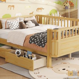 Wood Low Profile Full Bed with Rails and Drawers