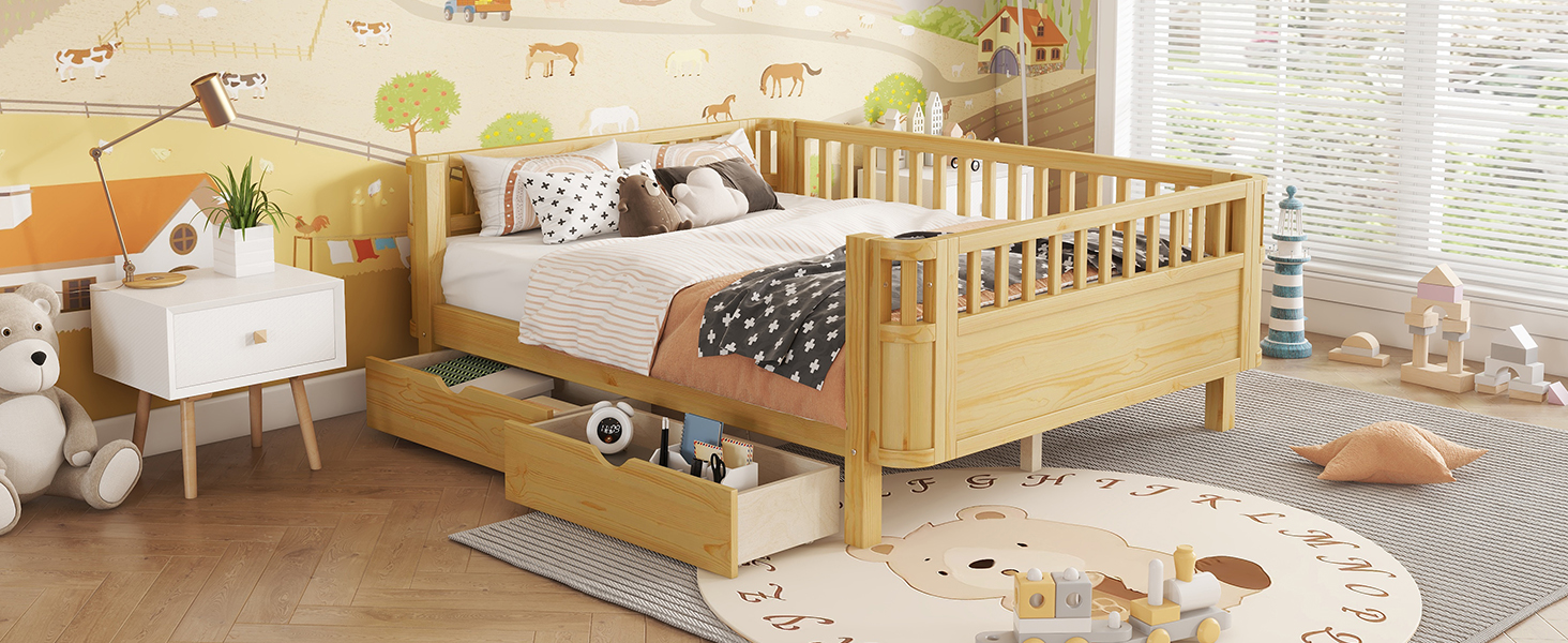 Wood Low Profile Full Bed with Rails and Drawers