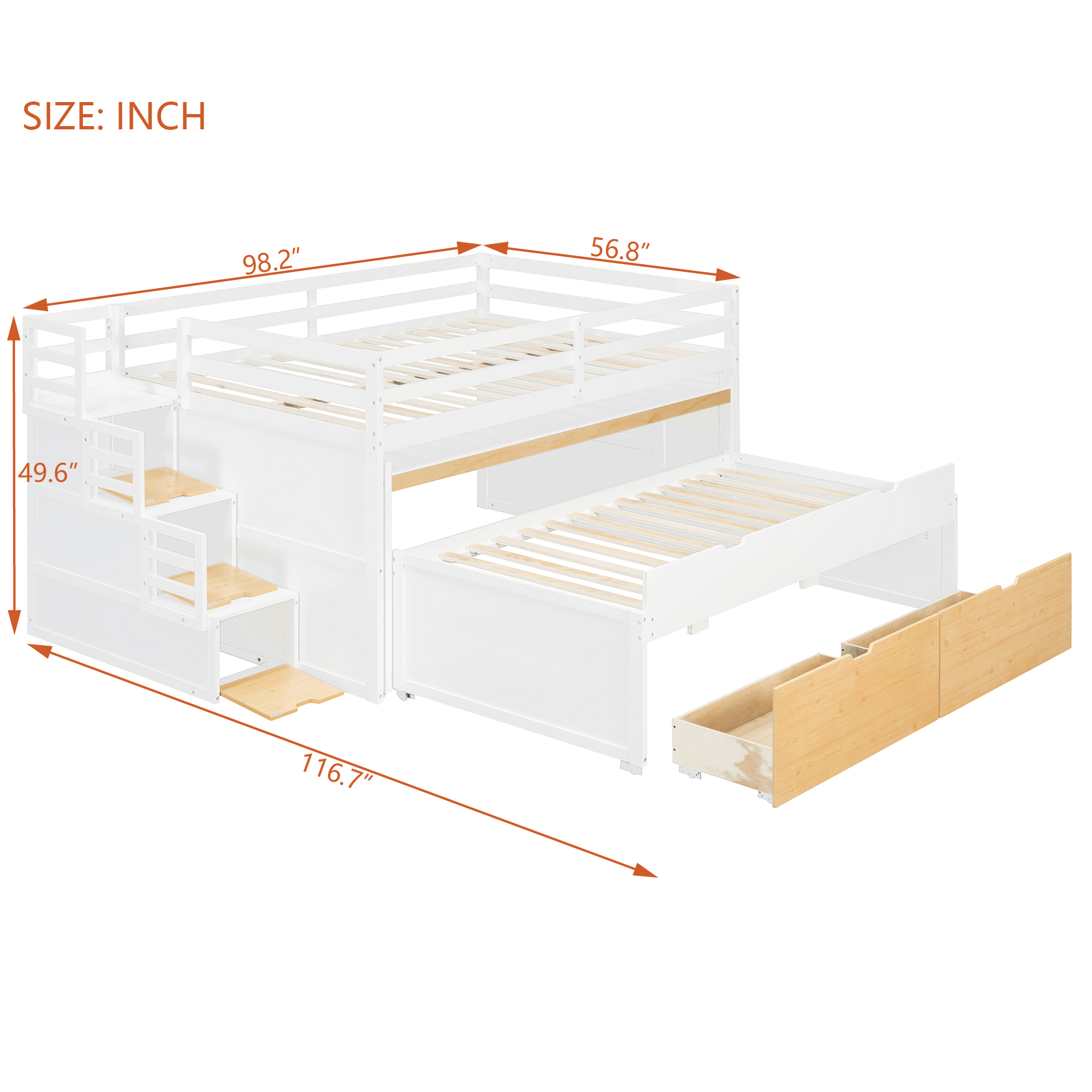 Full XL Loft Bed with Pull-Out Desk and Twin Trundle