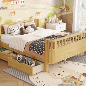 Wood Low Profile Full Bed with Rails and Drawers