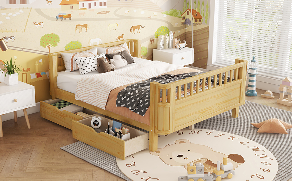 Wood Low Profile Full Bed with Rails and Drawers