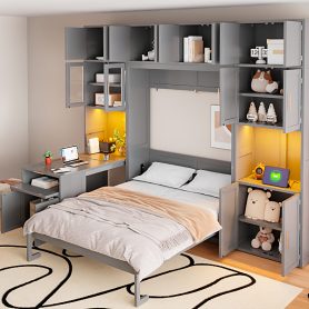Full Size Murphy Bed With Storage Cabinets, Desk And Glass-door Hutch, USB & Power Outlet, LED Lighted Shelves