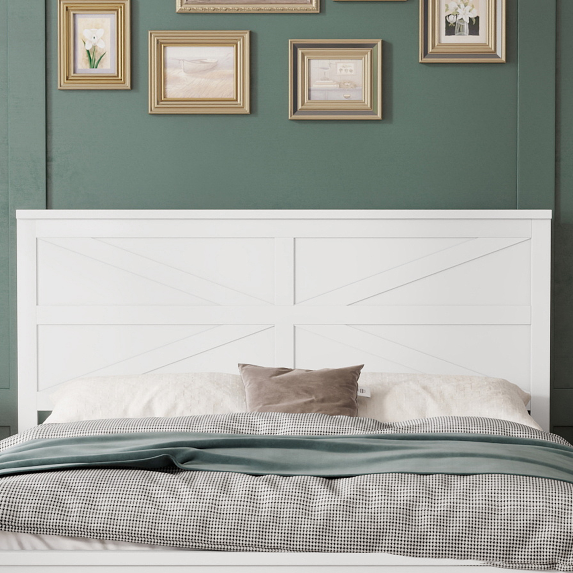 Farmhouse Style Queen Size Bed with Barn Door Designed Headboard and Footboard