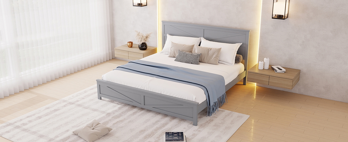 Farmhouse Style King Size Bed with Barn Door Designed Headboard and Footboard