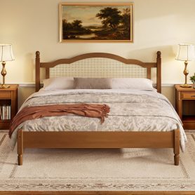 King Size Wooden Platform Bed with Natural Rattan Headboard