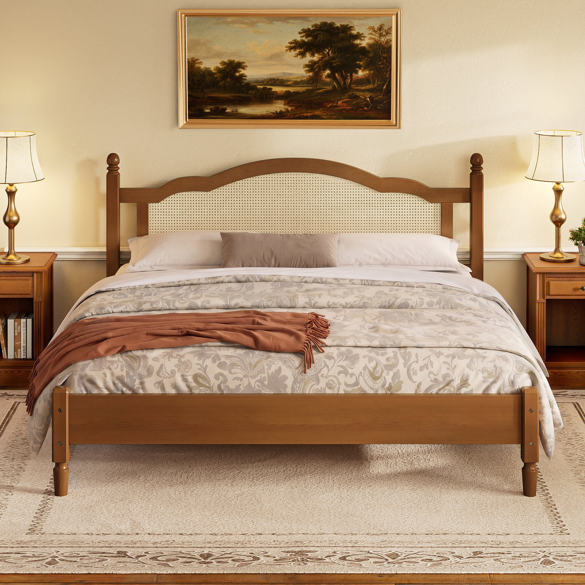King Size Wooden Platform Bed with Natural Rattan Headboard