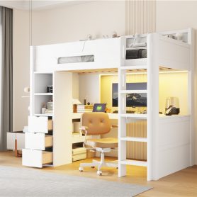 Twin Size Wooden Gaming Loft Bed with U-Shaped Desk, Smart RGB LED Lights and USB Ports