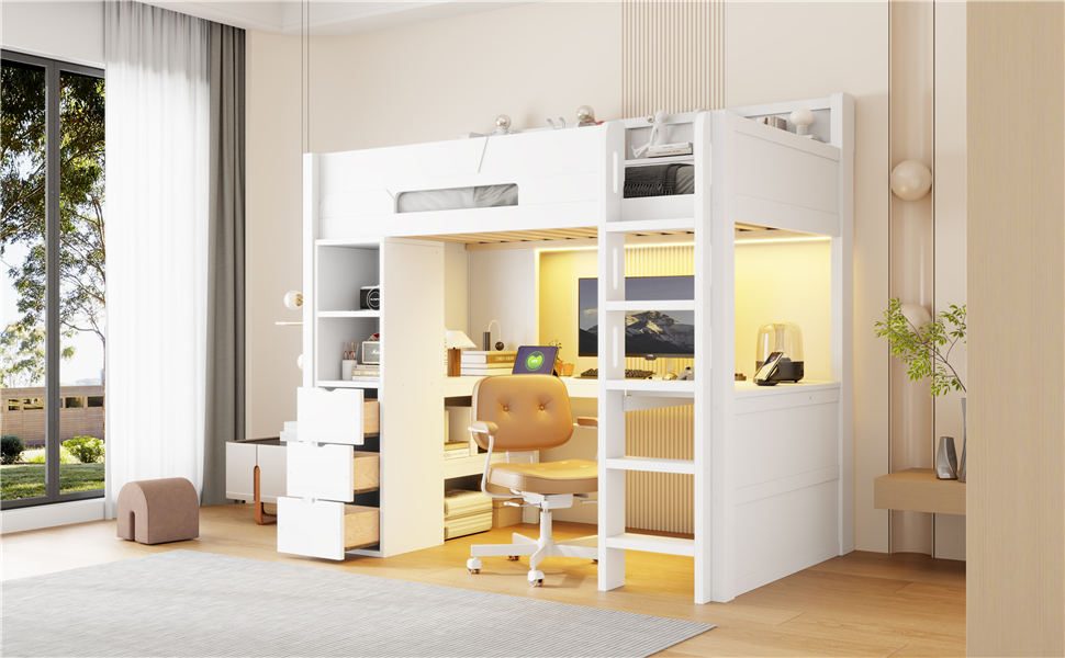 Twin Size Wooden Gaming Loft Bed with U-Shaped Desk, Smart RGB LED Lights and USB Ports
