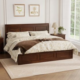 Pine Wood Queen Size Bed with Adjustable Height Headboard