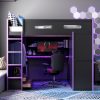 Wood Full Size Loft Bed with Desk, Multi-Storage Shelves and RGB Light
