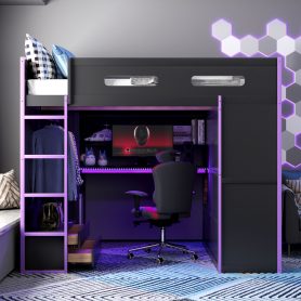 Wood Full Size Loft Bed with Desk, Multi-Storage Shelves and RGB Light